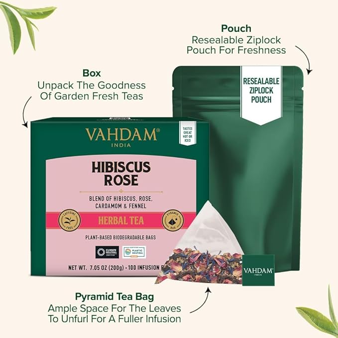 VAHDAM, Hibiscus Rose Tea Bags - 100% Whole Hibiscus Flowers Herbal Tea Bags (100 Count) With Rose, Chamomile & Exotic Spices | Caffeine Free, Floral Flavor Tisane | Resealable Ziplock Pouch - Bloomnest