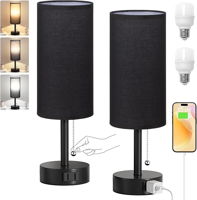 Fenmzee Black Bedside Table Lamps Set of 2-3 Color Temperatures Pull Chain Lamp with AC Outlet Charging Port, Round Night Stand Lamps for Bedroom Office, Small Bed Side Light with E26 LED Bulbs - Bloomnest