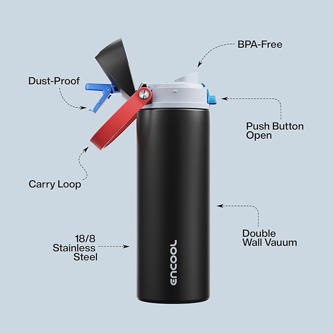 Insulated Water Bottle with Straw - Encool Stainless Steel Water Bottle with Push Button Lid, Leak-Proof & BPA-Free, Keeps Cold for 24 Hours for Sports, Travel, Gym (24 oz, Oil Black) ENCOOL