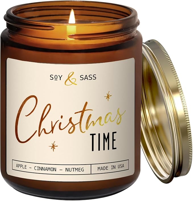 Christmas Candles Scented – ‘Christmas Time’ Soy Christmas Candle, w/Apple, Cinnamon, Clove - Infused with Essential Oils I Holiday Candles I 9oz, 50Hr, Made in USA - Bloomnest