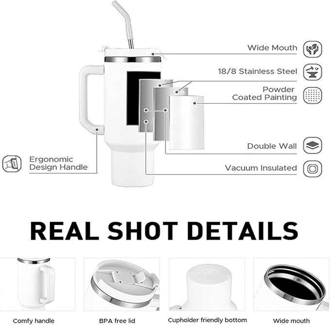 40 oz Insulated Tumbler with Handle and Straw – Stainless Steel Double Wall Vacuum Cup Fits Car Cup Holder, Hot Cold Travel Mug, BPA Free Reusable Water Bottle Gift for Women Men - Sky Blue - Bloomnest