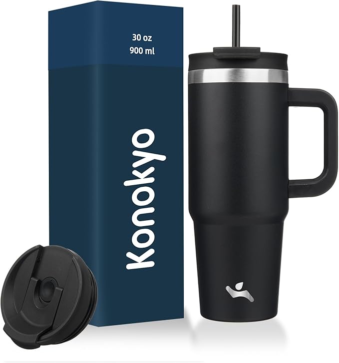 30 oz Tumbler with Handle and 2 Straws,2 in 1 Lid Insulated Water Bottle Stainless Steel Travel Coffee Mug,Black - Bloomnest