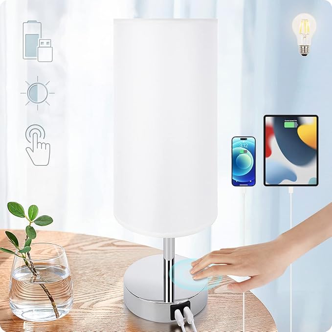Yarra-Decor Bedside Lamp with USB Port - Touch Control Table Lamp for Bedroom 3 Way Dimmable Nightstand Lamp with Round White Fabric Shade for Living Room, Dorm, Home Office (LED Bulb Included) - Bloomnest