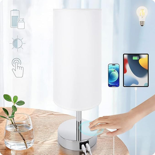 Yarra-Decor Bedside Lamp with USB Port - Touch Control Table Lamp for Bedroom 3 Way Dimmable Nightstand Lamp with Round White Fabric Shade for Living Room, Dorm, Home Office (LED Bulb Included) - Bloomnest