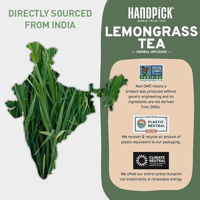 HANDPICK, Lemongrass Tea Bags (100 Count) Non-GMO, Caffeine Free - Quality Lemongrass Herbal Tea- Eco-conscious Round Tea Bags | Brew Hot or Iced Tea - Bloomnest