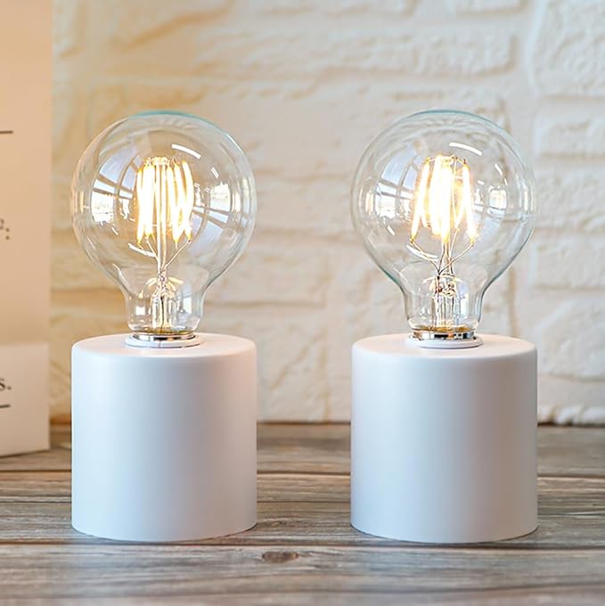 JHY DESIGN Set of 2 White Table Lamp Battery Powered 7" Tall Cordless Lamp Light with Edison Style Bulb Battery Operated Great for Living Room Bedroom Weddings Parties Patio Events