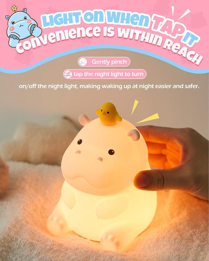 Cute Hippo Night Light, Animal Lamp, Food Grade Silicone, Rechargeable, 2 Level Dimmable, Squishy Nursery Nightlight for Desk Decor, Funny Gifts Stuff for Boys Girls Baby, White Elephant Gifts - Bloomnest
