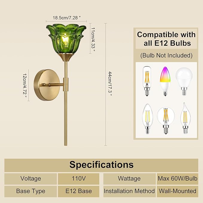 2 Pack Gold Wall Sconce with Green Glass Shades, Modern Mid Century Bathroom Vanity Wall Light Fixtures, Industrial Brushed Brass Wall Lamp, for Bedroom Mirror Living Room, ETL Listed - Bloomnest