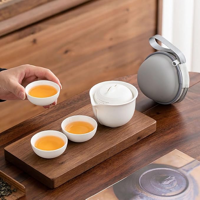 Travel Tea Set Ceramic Tea Pot Set Chinese Kung Fu Teapot Porcelain Gongfu Teacups Frosted Glazed Tea Cup, Portable Bag 1 Pot 3 Mini Cup All in One for Home Office Outdoor Picnic Camping Hotel, White - Bloomnest