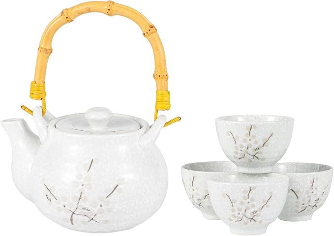 Japanese Plum Blossom Design Tea Set 27 fl oz Teapot with 4 Cups Serving Home Decor Asian Fusion Housewarming Decor (White) - Bloomnest