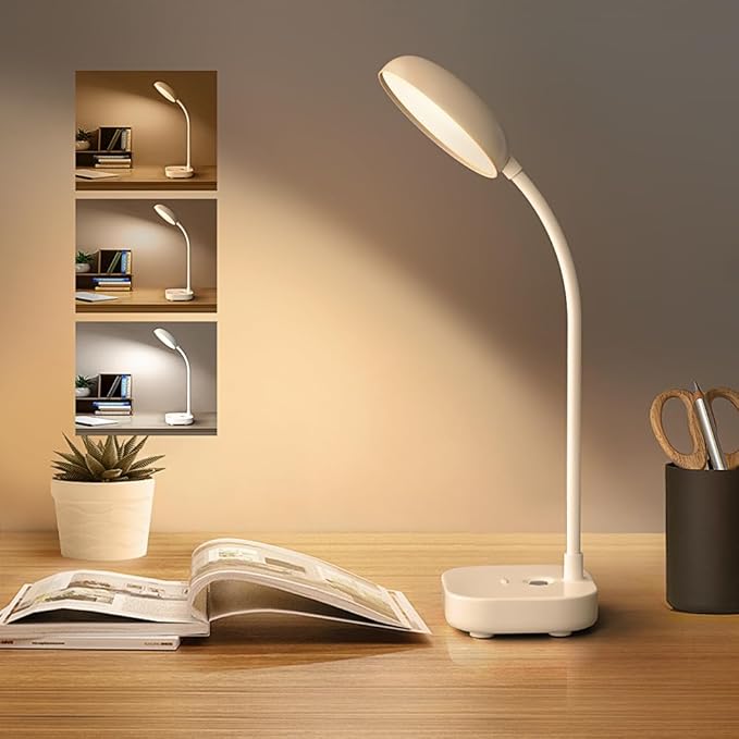Small desk lamps for small spaces,2 Pack White,Rechargeable desk lamp battery powered,3 light colors,Eye protection light,10 Adjustable brightness,400 lumens,Gooseneck hose,Desk lamps for home office - Bloomnest