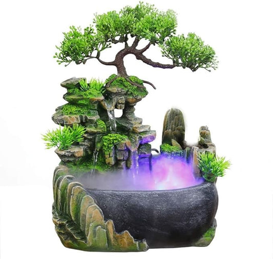 BRAVECOW Indoor Relaxation Desktop Fountain Waterfall with Atomizer and Automatic Pump Illuminated Waterfall Desktop Fountain for Home Office Bedroom Desk Decoration - Bloomnest