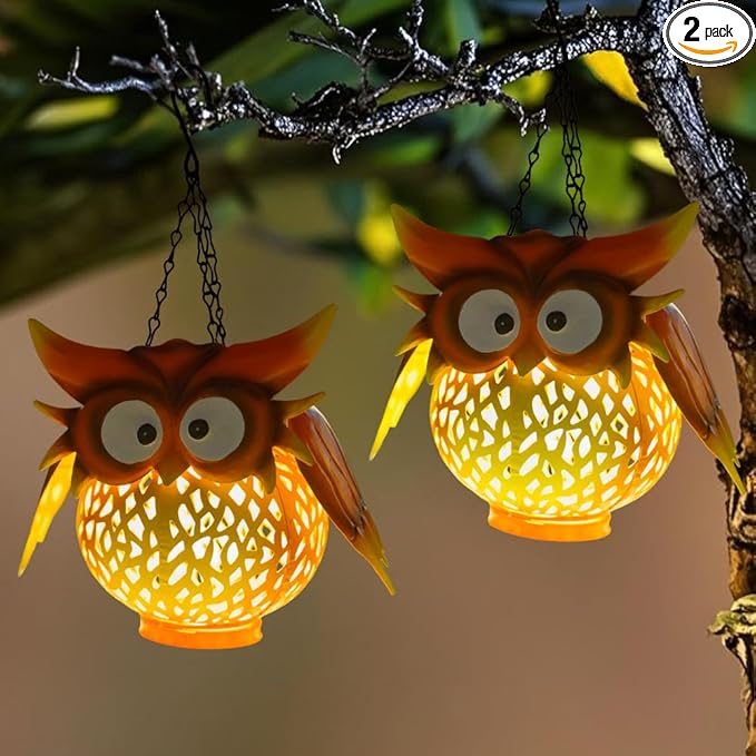 Starsoul 2 Pack Owl Hanging Solar Lanterns Waterproof Solar Garden Lights Outdoor Decorative Metal Owl Lamp Decor for Patio Yard Table - Bloomnest