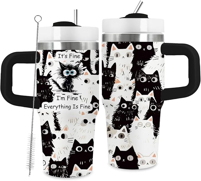 Cat Lover Gifts, 14oz Blackcat Tumbler with Handle, Everything Is Fine I'm Fine Black Cats Tumblers, Funny Christmas Thanksgiving Birthday Gifts for Mom, Daughter, Son, Sister - Bloomnest