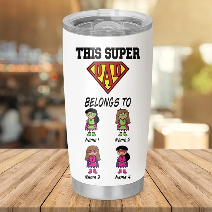 Custom Super Dad Personalized Tumbler Cup Father's Day Gift, Gift For Dad, Father, Papa, Grandpa 20oz Insulated Coffee/Tea Tumbler with Lid - Bloomnest