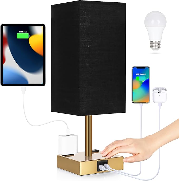Bedside Lamp with USB Ports - Touch Control Table Lamp for Bedroom with USB C+A Charging Ports & AC Outlets, 3 Way Dimmable Nightstand Light for Living Room (LED Bulb Included, Brass - Black) - Bloomnest