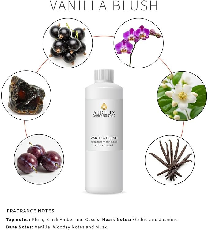 Signature Aroma Oil No. 214 Vanilla Blush – Plum, Black Amber, Cassis – Aroma Oil for Cold Air & Waterless Diffusers and DIY Crafts – 180 mL, 6.1 fl oz Eco Refill Bottle Airlux