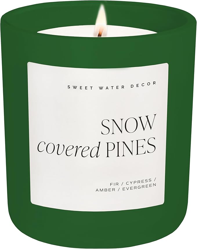 Sweet Water Decor Snow Covered Pines Christmas Scented Candles - Christmas Stocking Stuffers Soy Candles Cypress Scent - Christmas Candles with 70 Hours Burn Time - 15Oz Green Matte Jar Wax Candles - Bloomnest