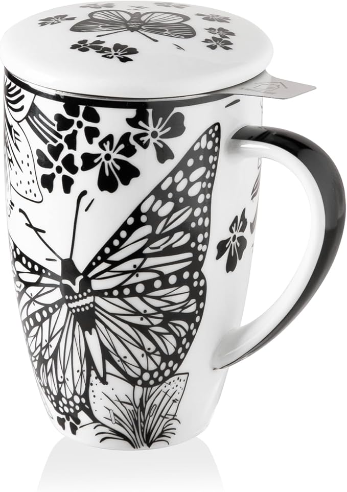 Sweejar Porcelain Tea Infuser Mug with Lid, 16 oz Teacup with Strainers for Loose Leaf Tea, Microwave and Dishwasher Safe Coffee Mug(Onyx Wing) - Bloomnest
