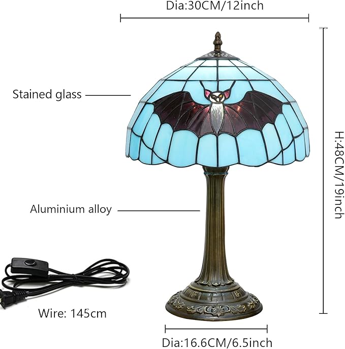 Tiffany Lamp Stained Glass Lamp 12 Inch Tiffany Style Blue Background With Black Bats Bedside Lamp Classical Art Decor Bedroom Living Room Dining Dormitory Table Vintage Home Decor The Ideal Gift - Bloomnest