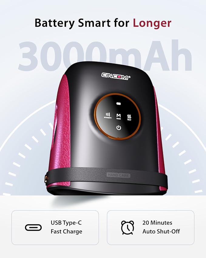 CINCOM Hand Massager with Heat and Compression, Finger and Palm Massage Machine for Pain Relief, Arthritis and Improved Circulation, Gifts for Women, Cordless and Rechargeable (Black)