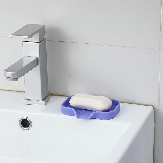 Silicone Bathroom Soap Dishes with Drain Spout-Bathroom and Kitchen Sink Organizer,Sponge Holder,Dish Soap Tray,Perfect for Dispenser,Scrubber,Bottle on Sink or Counter-Light Purple 4.9"×3.2" - Bloomnest