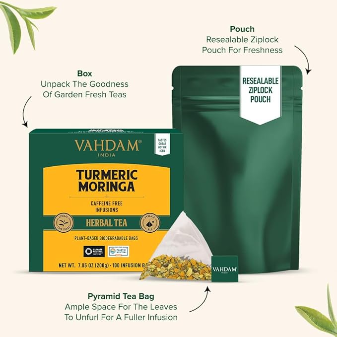 VAHDAM, Turmeric Moringa Tea Bags (100 Herbal Tea Bags) Caffeine Free, Non GMO | 100% Pure Herbal Blend - Sweet & Earthy | Resealable Ziplock Pouch - Bloomnest