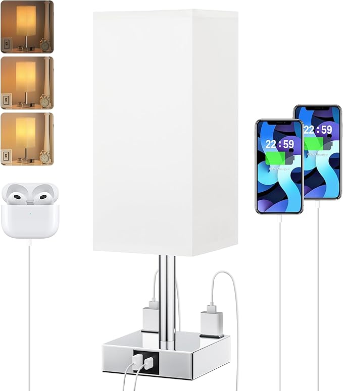Touch Bedside Table Lamp for Nightstand - 3-Way Dimmable Night Lamp with USB A + Type C Charging Ports and Two AC Outlets, Small Desk Light with E26 LED Bulb for Bedroom Living Room Dorm Office,White - Bloomnest