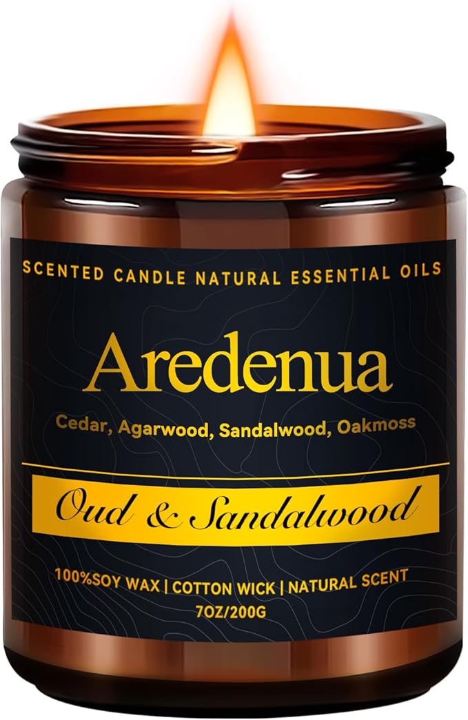 Oud & Sandalwood Candle – Scented Candles for Men & Women, 7oz Soy Candles for Home Scented - 50H Long Lasting Clean Burn, Aromatherapy Candle for Relaxation & Home, Warm Woody Fragrance Gift - Bloomnest