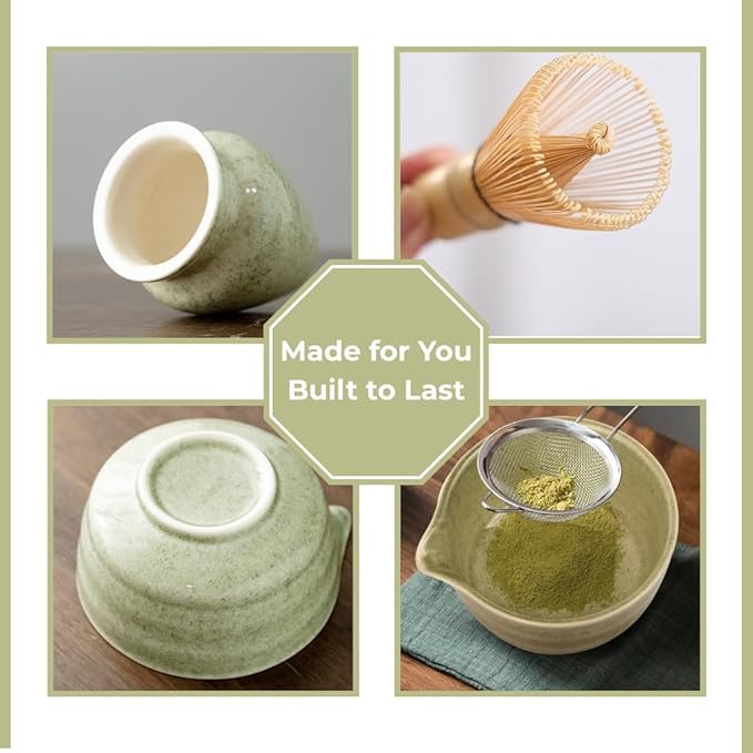 Dreizehn Matcha Whisk Set – 5 Piece Matcha Kit with Bowl, Whisk, Scoop, Sifter & Jar – Japanese Style Tea Set for Making Smooth and Frothy Matcha Green Tea at Home or as a Gift, Mottled Green - Bloomnest