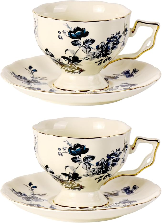 KAMMAK Tea Cups and Saucers Set of 2, Porcelain Coffee Cups, 6.8-Ounce Stackable Espresso Mugs, Ceramic Demitasse for Coffee, Latte, Americano, Tea, Blue Orchid - Bloomnest