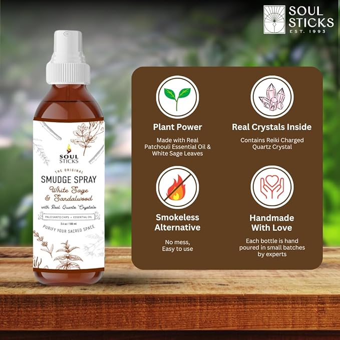 SOUL STICKS White Sage & Sandalwood Smudge Spray For Cleansing and Negative Energy | 3.5oz White Sage Smudge Spray with Real Quartz Crystals | Car Fragrance Sage Room Spray for Spiritual Cleansing SoulSticks
