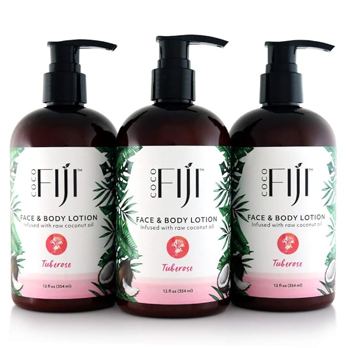 Coco Fiji Face & Body Lotion Infused With Coconut Oil | Lotion for Dry Skin | Moisturizer Face Cream & Massage Lotion for Women & Men |Tuberose 12 ozPack of 3 - Bloomnest