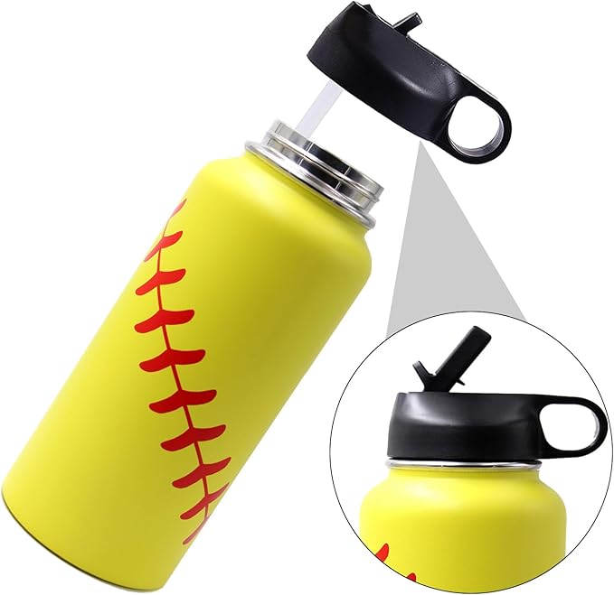 32 oz Softball Water Bottle, Wide Mouth Sports Flask Metal Travel Tumbler with 2 Lids, Stainless Steel Double Wall Vacuum Insulated Leak Proof Thermo Water Bottles, Softball Stuff Gifts for Mom Girls - Bloomnest