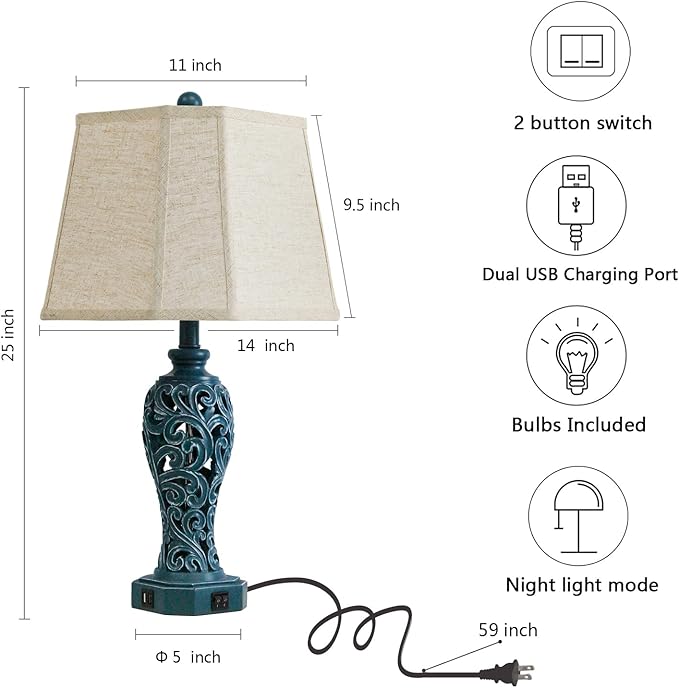 25'' Farmhouse Table Lamps Set of 2 for Living Room Bedroom, 2 USB Ports Coastal Vintage Table Lamp with Nightlight, Blue Green Hollow Out Resin Lamp for End Table (Bulbs Included) - Bloomnest