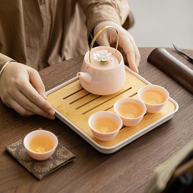 Japanese Porcelain Tea Set, Pink Kungfu Teapot Set with 1 Teapot, 4 Tea Cups, 1 Tea Tray, for Adults, Tea Lover/Women/Men/Office/Home (Pink) - Bloomnest