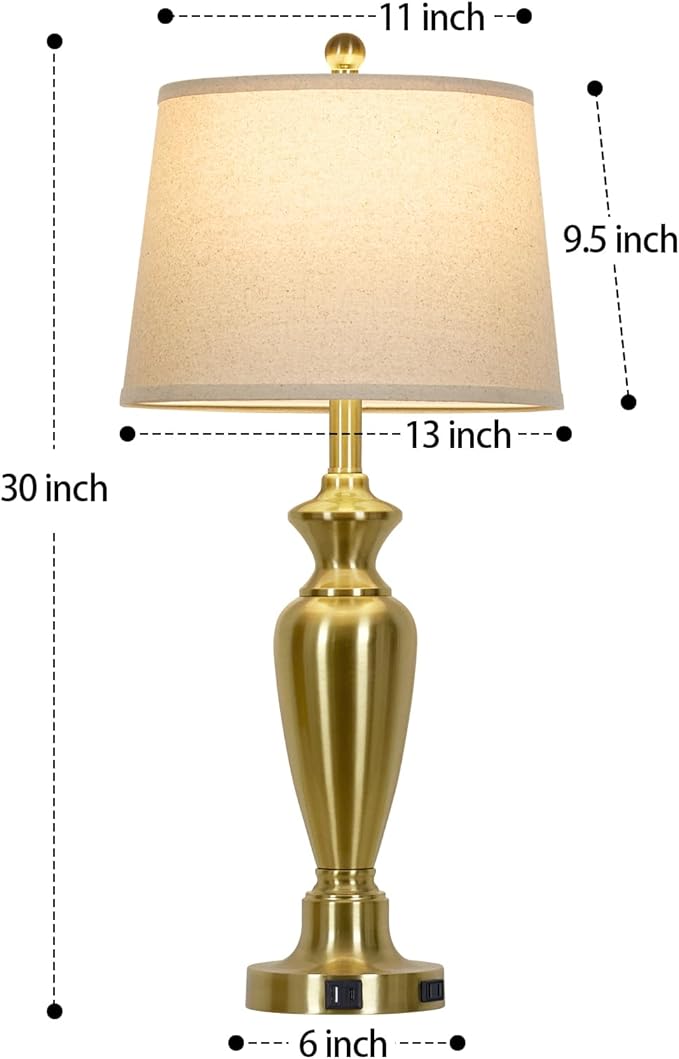 30" Tall Gold Table Lamp for Living Room, 3-Way Dimmable Touch Control Bedside Lamp for Bedroom Nightstand with USB A+C Ports & AC Outlet (1 Pack) - Bloomnest