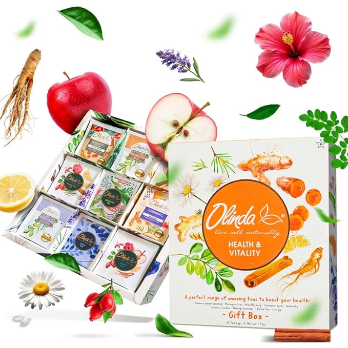 Olinda Health & Vitality Tea Gift Box Tea Samplers Tea Bags Low Caffeine Detox Energy Tea Natural Herbal Gift Set Premium 9 Variety Pack Individually Wrapped 45 Tea Bags 1 Tea Box Tea Gifts for Women - Bloomnest