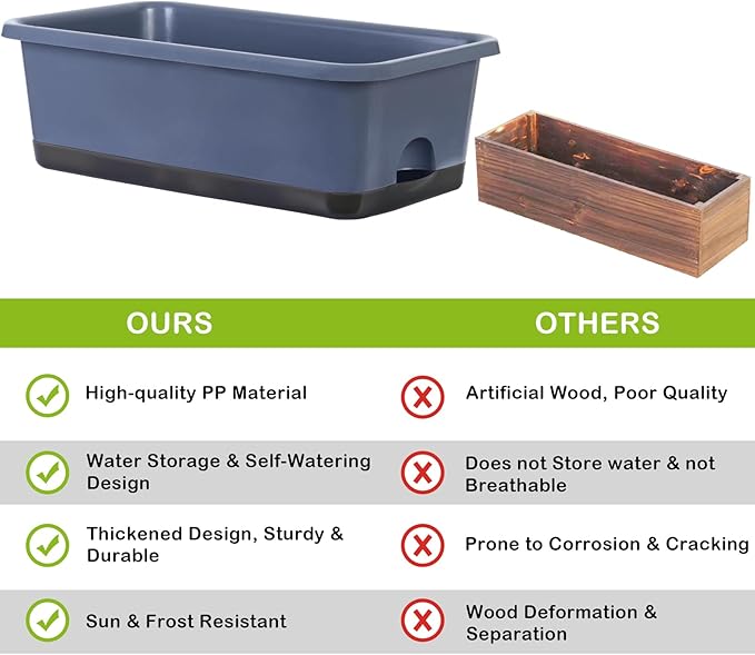 Window Box Planter 6 Pcs, 18 Inches Rectangle Flower Pots with Drainage Holes and Trays, Vegetable Planters for Windowsill Patio Garden Balcony Home Porch Yard Indoor Outdoor (Grey, 18*10*6 inch) - Bloomnest