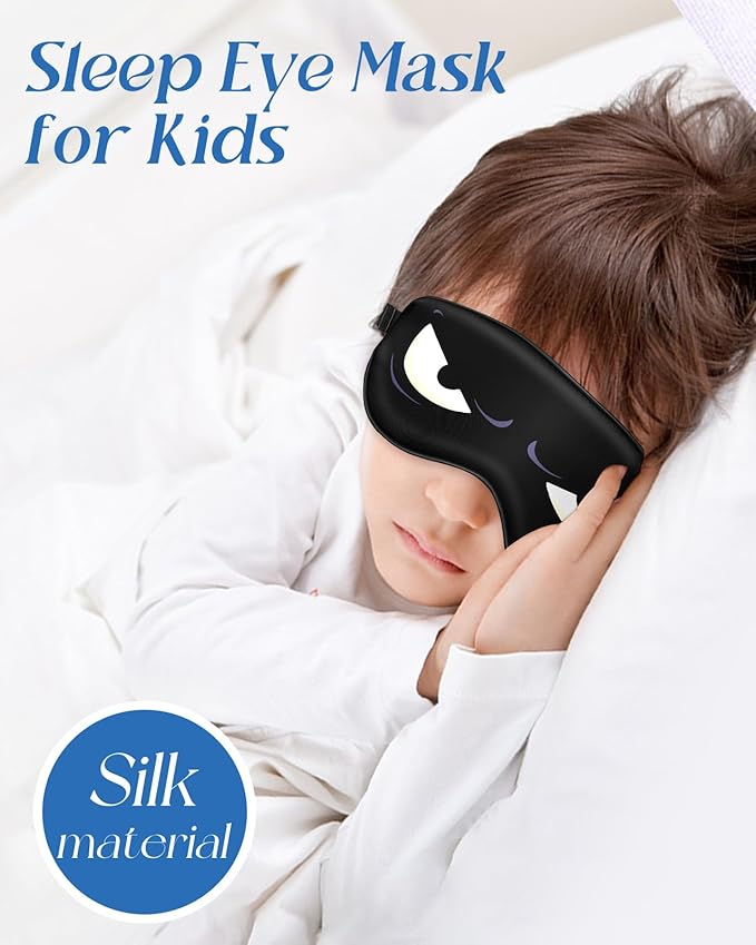 Sleep Mask for Kids - Silk Eye Mask for Sleeping Cute Cartoon Kids Sleep Mask for Boys Girls Teens Soft Smooth Adjustable Straps Silk Kids Eye Cover, Black White Eyes - Bloomnest