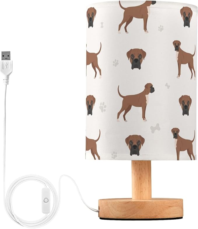 Table Lamp Boxer Dog Pattern Nightstand Lamp with Wood Base Fabric Lamp Shade Bedside Desk Lamp for Living Room Bedroom Kids Room Office - Bloomnest