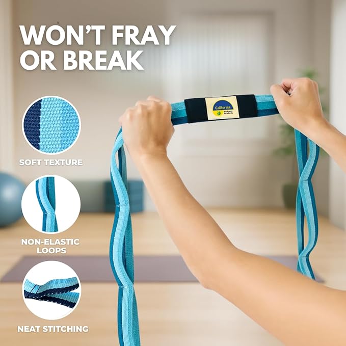 California Yoga Strap | Yoga Belt with Loops | 12 Multi Loop & Non-Elastic | Stretching Strap | Gym Workout & Exercise Bands | Physical Therapy | Improves Sitting Posture for Women & Men - Bloomnest