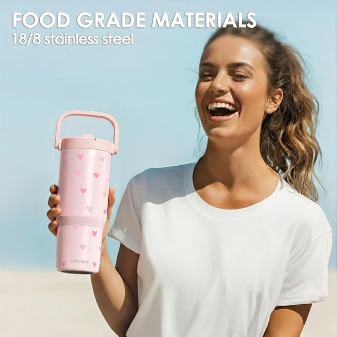 SANDJEST Heart Stainless Steel Straw Lid Tumbler 30oz with Carry Handle for Women Girls, Insulated Travel Coffee Cup, Gift for Sports Outdoor Workout Christmas Birthday - Bloomnest