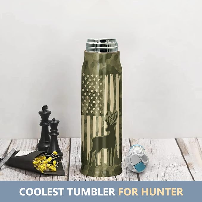 Deer American Flag Camouflage 17oz Stainless Steel Bullet Tumbler - Deer Hunting Gifts for Men - Unique Birthday Fathers day or Christmas Gifts for Hunters - Bloomnest