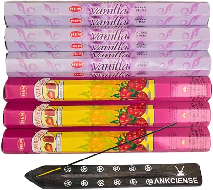 Sandalwood & Vanilla Incense from Hem Bundled with ANKCIENSE Incense Holder Bundle, Variety Pack of 120 Sticks (Strawberry & Vanilla)