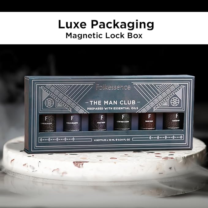Folkulture Essential Oils Set for Men | Set of 6 (0.34 Fl Oz or 60ml) Diffuser Oils for Home | Oud Tabac, Sandalwood, Leather Wood | Fragrance Oil - Bloomnest