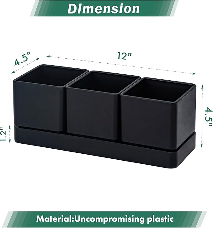 D'vine Dev Herb Garden Planter Set, Plastic Plant Pots with Drainage and Saucer, Indoor Succulent Cactus Vegetable Pot for Windowsill, Garden Balcony, Black, Set of 2, 76-V-B-2 - Bloomnest