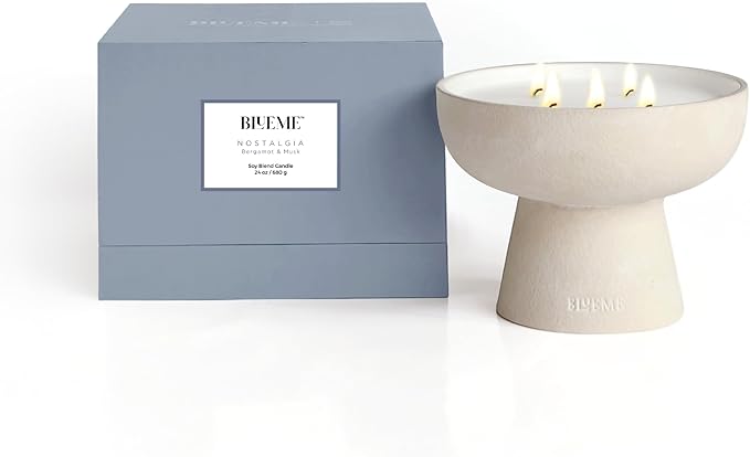 BLUEME Nostalgia - Bergamot & Musk, Luxury Candle w/Essential Oils, 5 Wick, Hand-Poured Soy, Cotton Wick, Ceramic - Bloomnest
