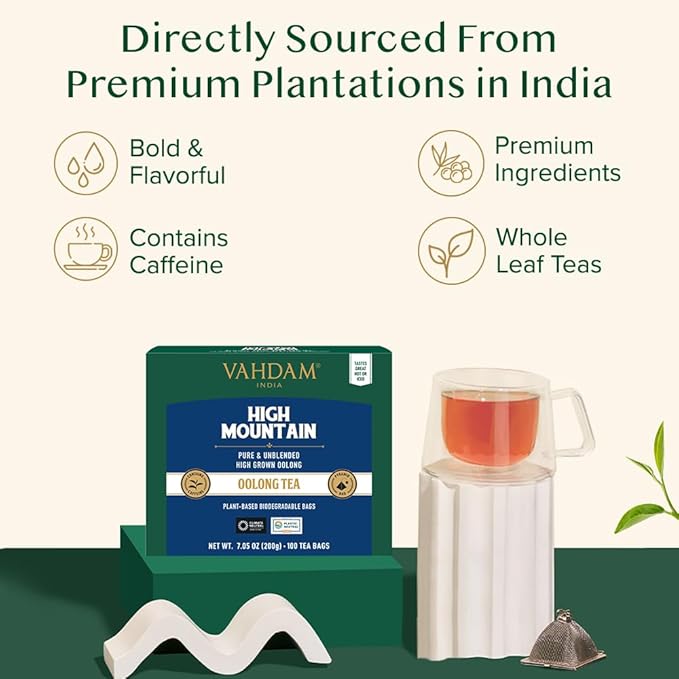 VAHDAM, High Mountain Oolong Tea Bags (100 Count) Non GMO, Gluten Free | High Grown Oolong Tea Leaves - Light & Floral | Resealable Ziplock Pouch - Bloomnest