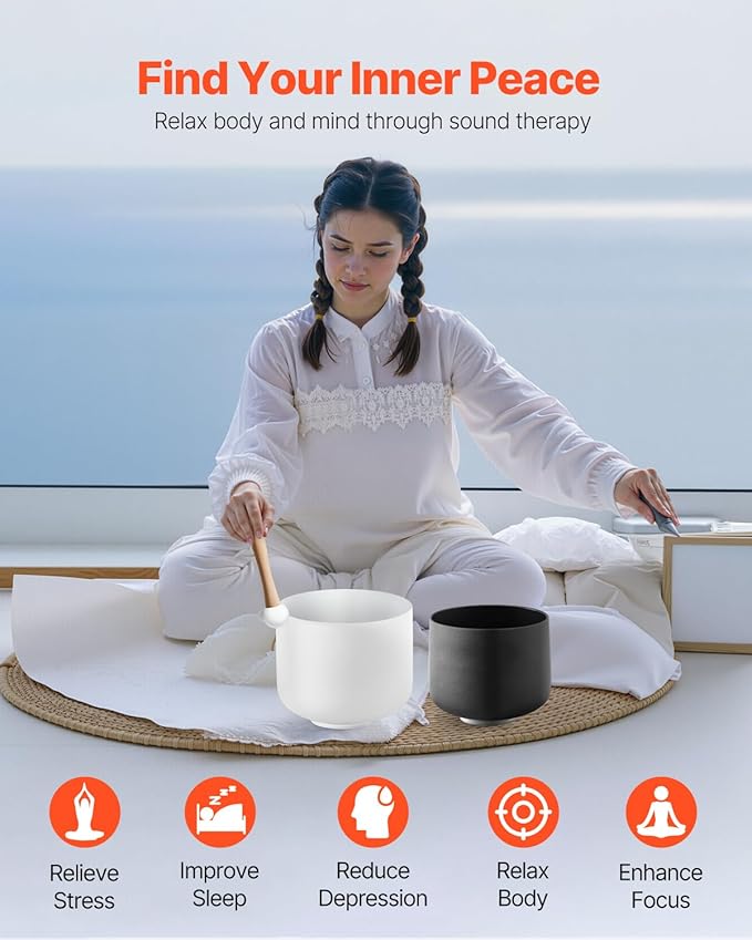VEVOR 2PCS Crystal Singing Bowls, 8-inch and 10-inch A & F Note Singing Bowls, Frosted Quartz Singing Bowl with 10" Carrying Bag, 1 Rubber Mallet and 2 O-Rings, Ideal for Meditation Yoga Sound Healing - Bloomnest